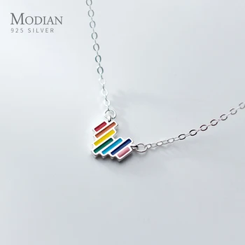 

MODIAN New 925 Sterling Silver Cute Rainbow Hearts Pendant Necklace for Women Fashion Colorful Necklace Korea Style Fine Jewelry