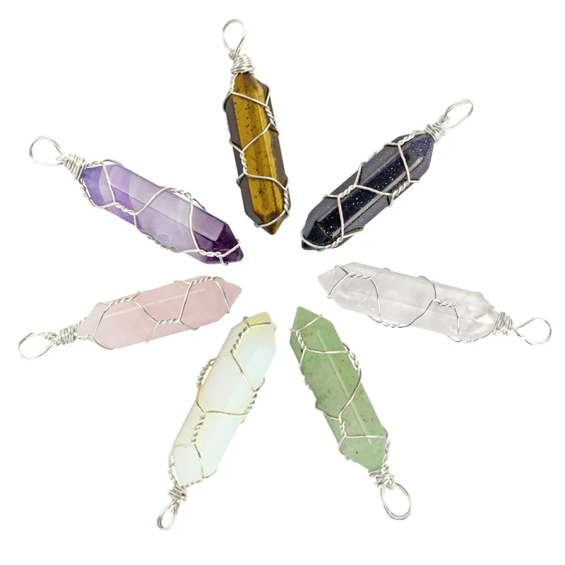 Natural Stone Wire Wrap Hexagonal Opal Amethysts Pink Quartz Crystal Chakra Reiki Healing Pendants Necklace Jewelry Making
