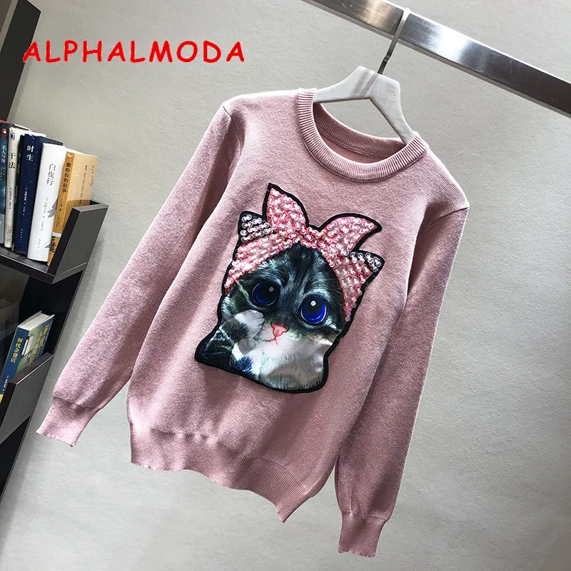 Женский вязаный свитер ALPHALMODA пуловер с мультяшной аппликацией и длинными