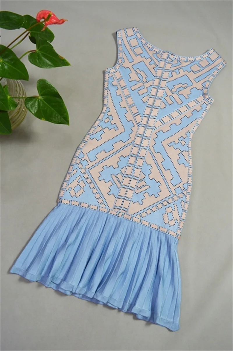 Новая модная женская одежда, сексуальное жаккардовое Бандажное платье с геометрическим рисунком, Сетчатое лоскутное элегантное вечернее платье знаменитостей синего цвета