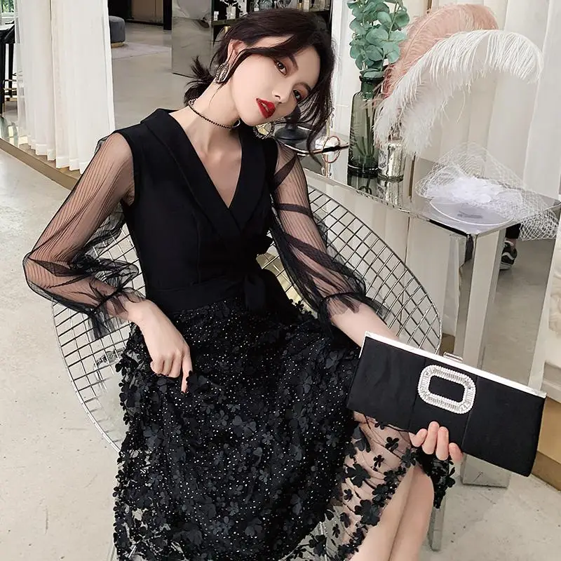 Черный сексуальный большой размер 3XL Cheongsam элегантное вечернее платье из сетки для выпускного вечера изысканное платье с рукавом-бабочкой с бисером и блестками Qipao Robe De Soiree - Color: Black 10
