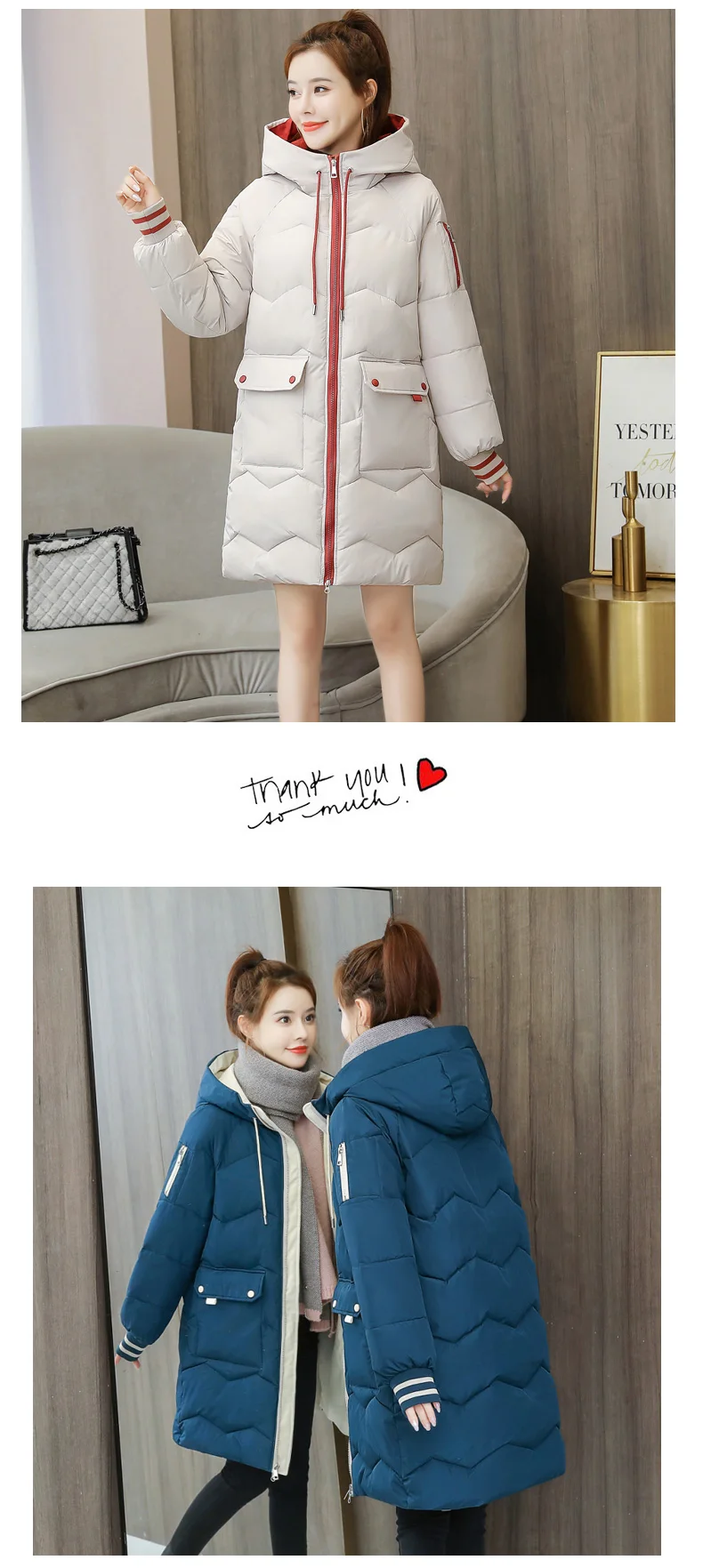 Winter Women Parkas  Jackets Fashion Hooded Mid-length Down Cotton Coats Female Thick Warm  Parkas Big Pocket Parkas outwear