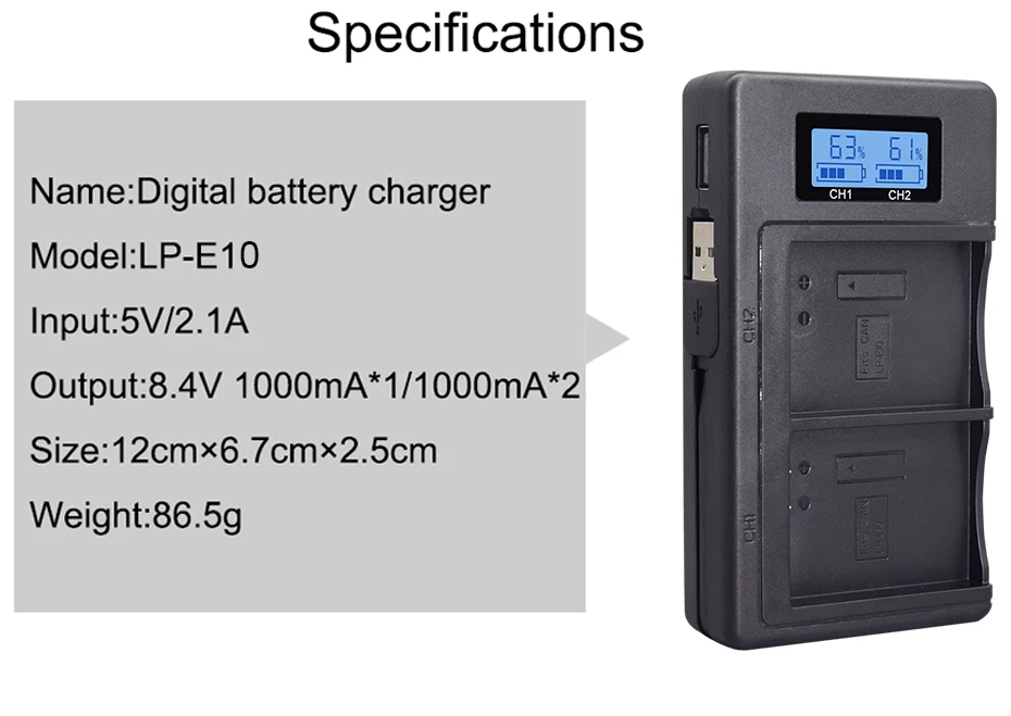 LP-E10 ЖК-зарядное устройство с двумя USB LPE10 LP E10 батарея для камеры зарядное устройство для Canon 1100D 1200D 1300D Rebel T3 T5 KISS X50 X70