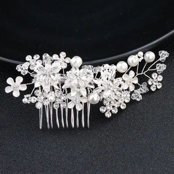 

Silver Flowers Hairpins Wedding Headdress Hair Jewelry Rhinestone Pearls Women Hair Combs Accessories Headpiece FS153