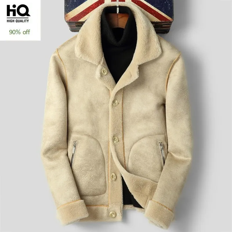 

2020 Winter Shearling Mens Real Fur Jacket Leather Thick Warm Overcoat Office Man Slim Fit Lamb Wool Outerwear Coat
