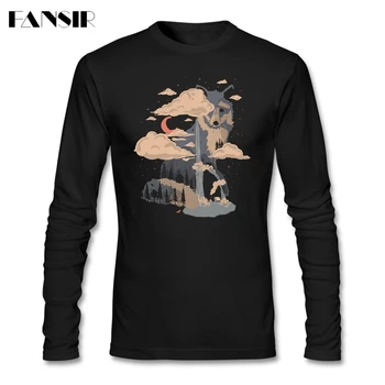 

Vintage Fox Mountain T-shirts Men's Long Sleeve Pure Cotton Round Collar Tops Tee For Adult