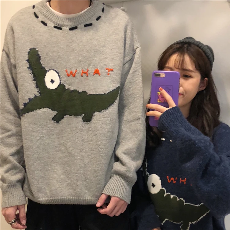 Harajuku Модный осенне-зимний вязаный женский свитер с милым крокодиловым узором, пуловер с длинными рукавами, свитер, повседневный свободный свитер для пары