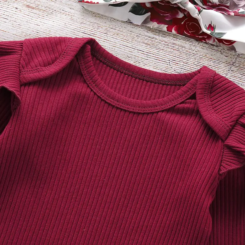 Комплекты для новорожденных с длинными расклешенными рукавами, Комбинезоны для маленьких девочек, топы, Цветочные штаны и повязка на голову костюм, детская одежда