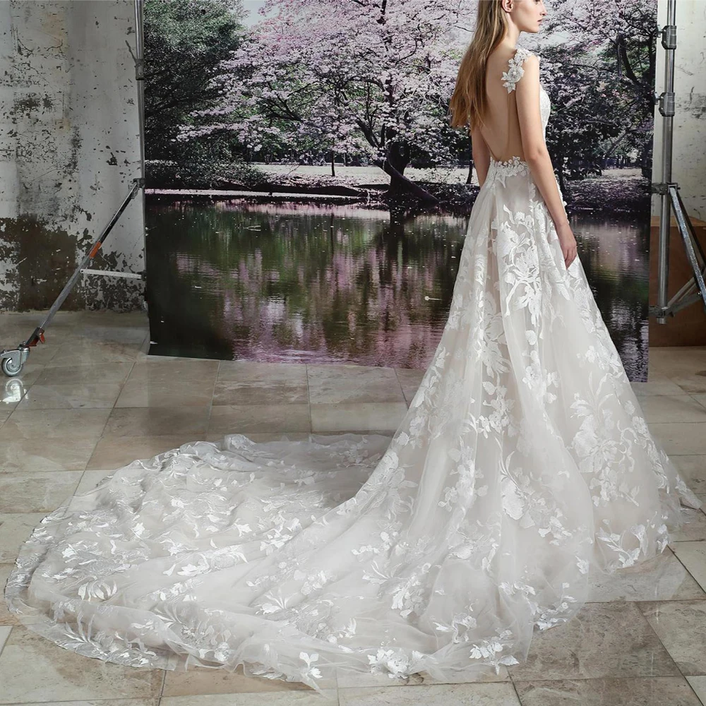 Robe de soiree романтические кружевные свадебные платья Длинные вечерние платья сексуальные глубокий v-образный вырез с открытой спиной и аппликациями свадебное платье Vestido De Noiva