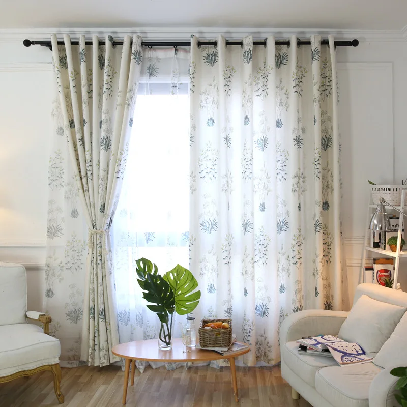 American Country Printed Leaves Pattern Curtain for Living Room Bedroom Tulle Sheer Fabric Drape Cotton Linen Blinds T&393#30