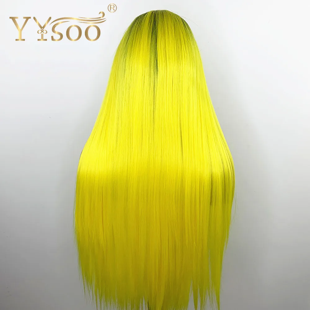 YYsoo длинные шелковые прямые Яркий желтый цвет парик темные корни эффектом деграде(переход от темного к синтетический Синтетические волосы на кружеве парики 13x6 наполовину ручной связанный парик с детскими волосами