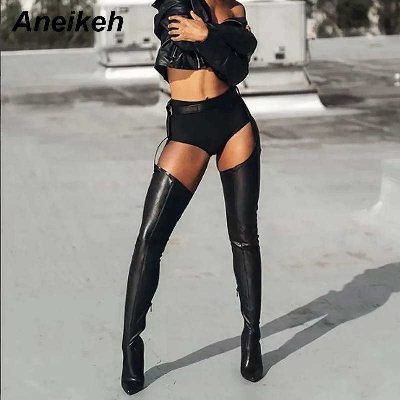 Aneikeh/ Для женщин PU Сапоги выше колен(ботфорты) Высокие сапоги в стиле Рианны; Стиль Ботфорты для женская обувь сапоги на высоком каблуке с заостренным носком