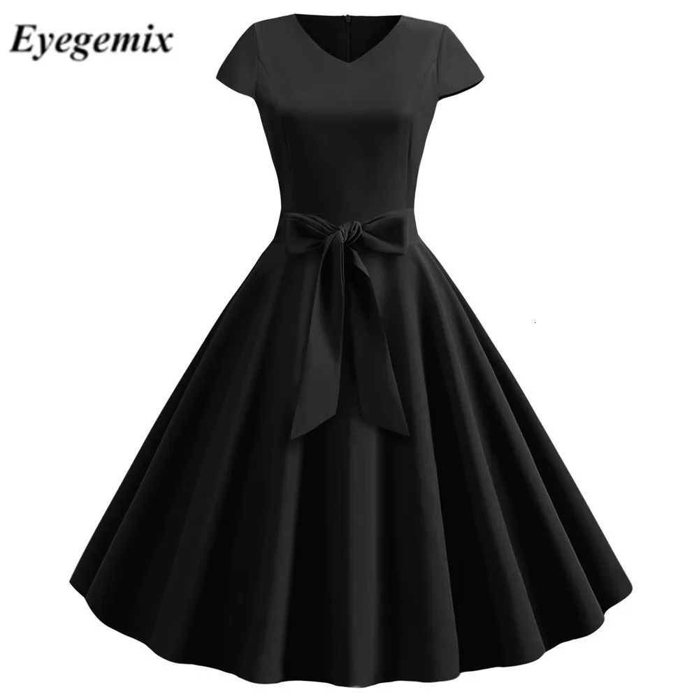 

Women Summer Vintage Dress With Belt Short Sleeve V-neck Elegant Retro Robe Rockabilly Swing Pinup Party Office Dresses Black