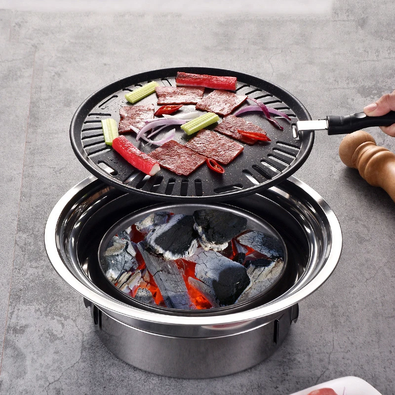 Barbecue Charcoal Stove Household Stainless Steel Korean Charcoal Oven Commercial round Non-Stick Barbecue Oven Outdoor Camping Portable