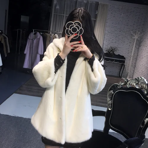 new autumn and winter Haining imported fur women's hooded tidy long section mink coat mink jacket - Color: white