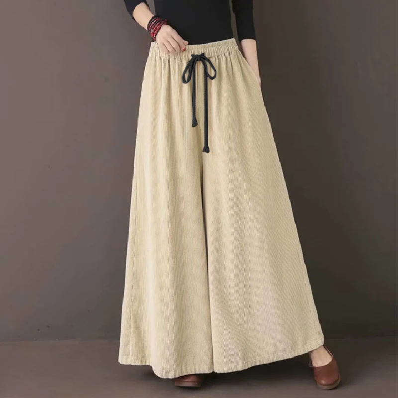 

Plus Size Vintage Corduroy Pants Women's Wide Leg Trousers ZANZEA 2020 Casual Drawstring Pantalon Palazzo Female Solid Turnip