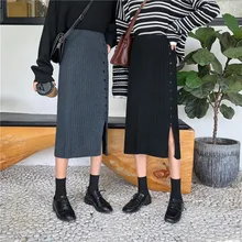 EAD зима новая высокая талия вязаная юбка однобортная Корейская Повседневная дикая Сплит чехол для вилок бедра юбка женская