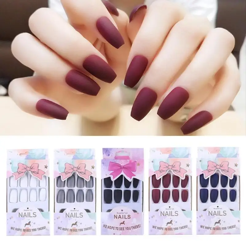 

24pcs/set False Nail Tips Solid Color DIY Nail Art Tips Self-adhesive False Nail Sticker False Nail Tips for Office Home