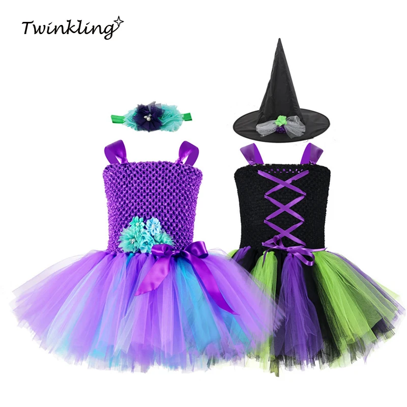 

Purple Black Green Girls Witch Tutu Dress with Witch Hat Handmade Tulle Halloween Costume Carnival Cosplay Party Photo Dress