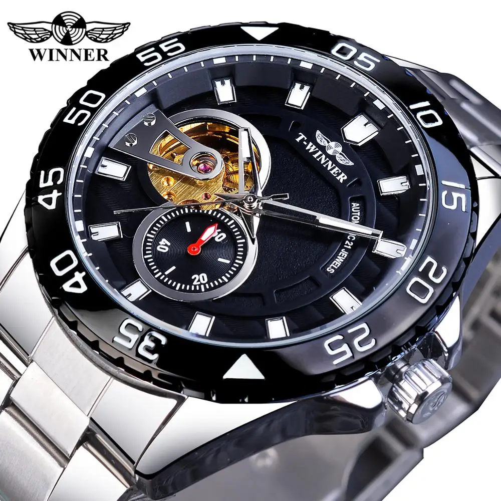 

Winner Transparent Skeleton Mens Business Sport Stainless Steel Timepieces Hours Men Automatic Mechanical Watch Top Brand Luxury