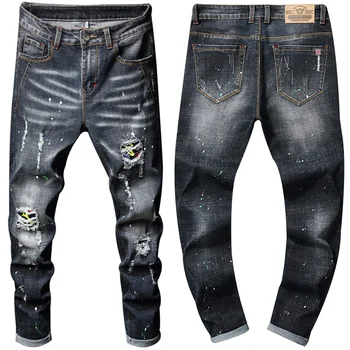 

Men's Stretch Jeans Vintage Washed Splashing Ink Straight Jeans Men Hip Hop Male Hole Ripped Denim Trousers Pants Streetwear D25