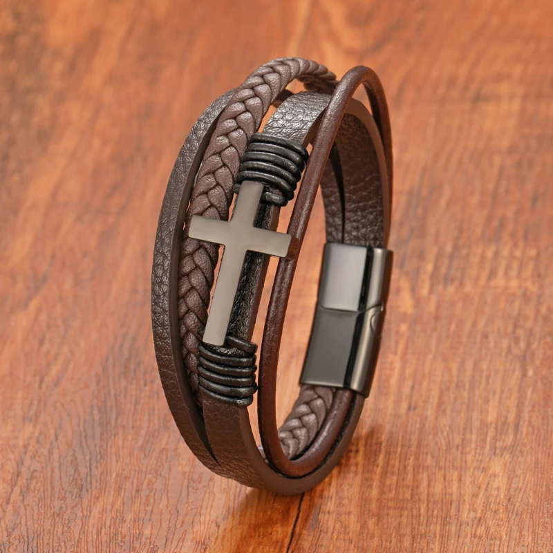 Fashion Multi Layer Stainless Steel Clasp Coffee Cross Leather Bracelet for Men Women Classic Christian Prayer Christmas Gift - Image 4