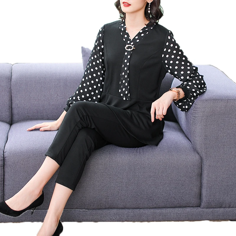 

Office Lady Smart Casual Outfits Black 2 Piece Pant Suit Female Peplum Top And Trouser Suits Polka Dot Twinset Women Couture 5XL