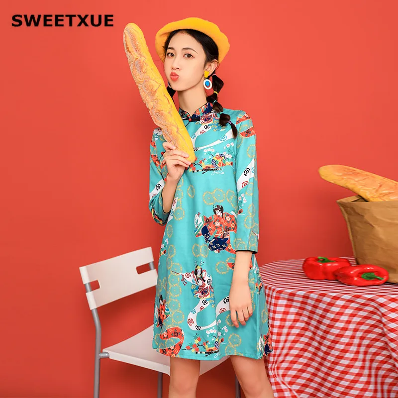 SWEETXUE/Новинка; сезон осень; китайский стиль; Cheongsam; повседневные свободные мини-вечерние платья для женщин; Современные винтажные платья для девочек; Qipao; модные женские платья