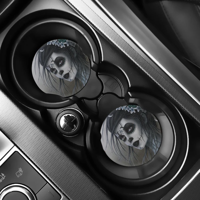 INSTANTARTS Day of the Dead Sugar Skull Prints Set of 2 Drink Cup Mat for Car Anit-dirt Car Cup Holder Coasters Drink Cup Mat D2