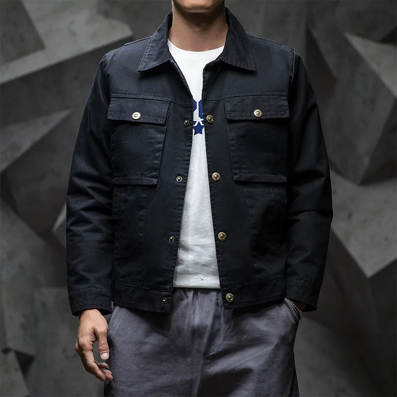 Men Jackets Autumn Winter Men's Multi-pocket Safari Style Jacket Coat Mens Casual Vintage Washed Cowboy Outerwear Jacket Male