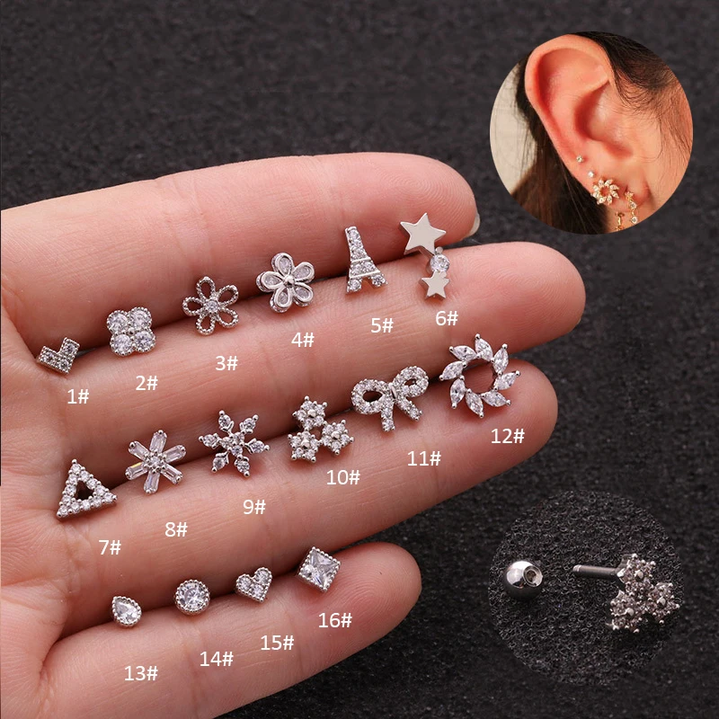 1PC 18G Tower Heart Flower Star Stainless Steel Barbell Piercing CZ Ear Tragus Cartilage Helix Snug Piercing Stud