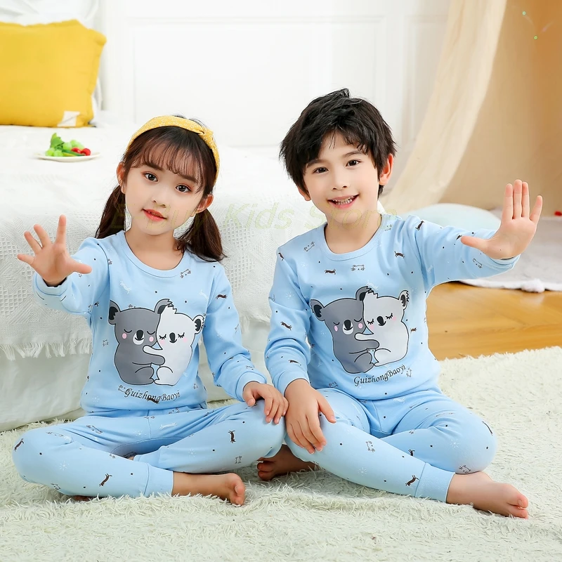 Cartoon Koala Nightwears Baby Kids Blue Pajama Set Pijama for Toddler Girl Teen Boys Cotton Sleepwears Clothing Suits for Child baby nightgowns dress