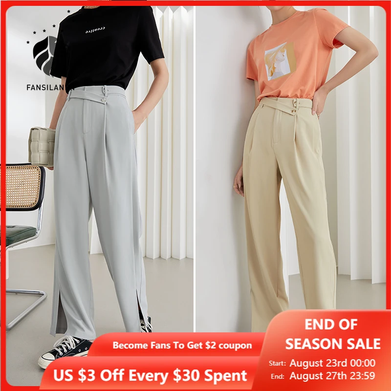 Buy FANSILANEN Office Lady Drape Wide-leg Pants Women Summer 2021 Thin High-Waist Suit Pants Loose Straight-leg Casual Pants