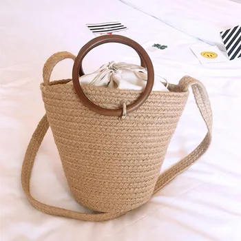 

new wooden round handle linen shoulder portable Crossbody bucket female bag beach straw woven bag womens bags handbags