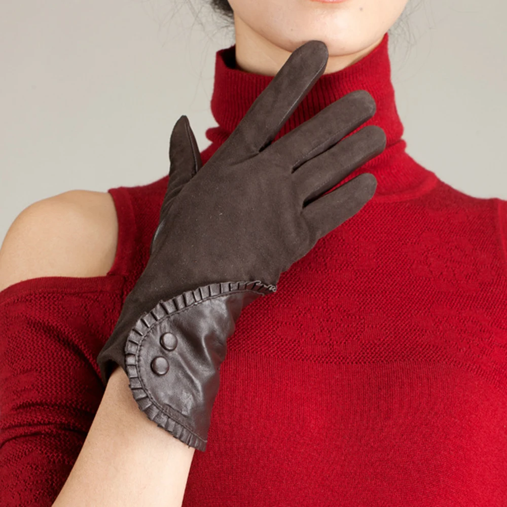 

Women's Genuine Sheepskin Leather Suede Lace Gloves Windproof Thermal Warm Female Elegant Ruffle Mittens High-end S2158