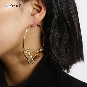 

IngeSight.Z Punk Exaggerated Rose Flower Hoop Earrings Statement Geometric Big Round Circle Loop Earrings fo Women Girls Jewelry