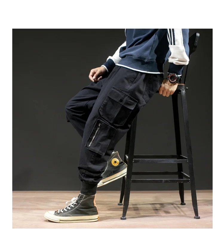Men's Cargo Pants Cotton Comfortable Drawstring Multi-pocket Joggers Trousers Solid color Beam Foot Cargo Pants Men Autumn