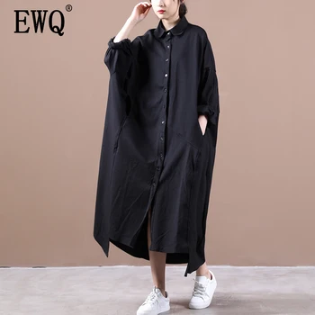 

[EWQ] 2020 Spring Autumn New Solid Long Length Full Sleeve Lapel Collar Loose Large Size With Pockets Slim Women's Shirt TX623