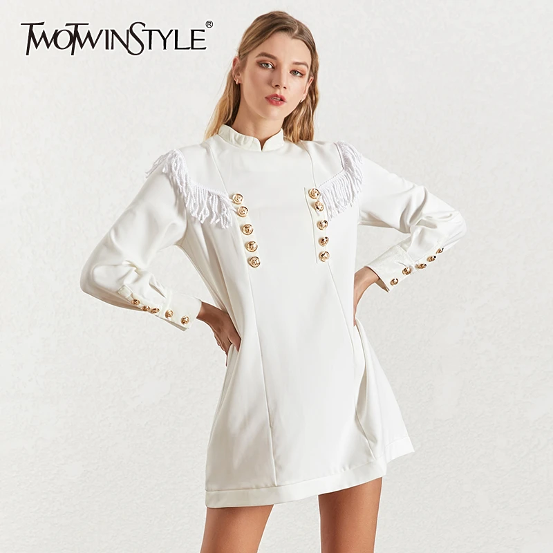 

TWOTWINSTYLE Patchwork Tassel Dress For Women Stand Collar Long Sleeve Double Breasted Dresses Female 2019 Autumn Fashion New