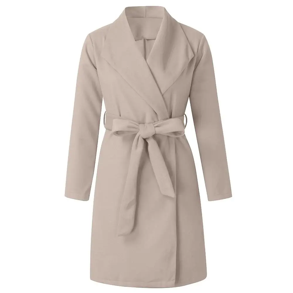 Женское шерстяное пальто размера плюс осень зима модное винтажное элегантное одноцветное пальто с отворотом и поясом кашемировое шерстяное зимнее пальто - Цвет: Бежевый