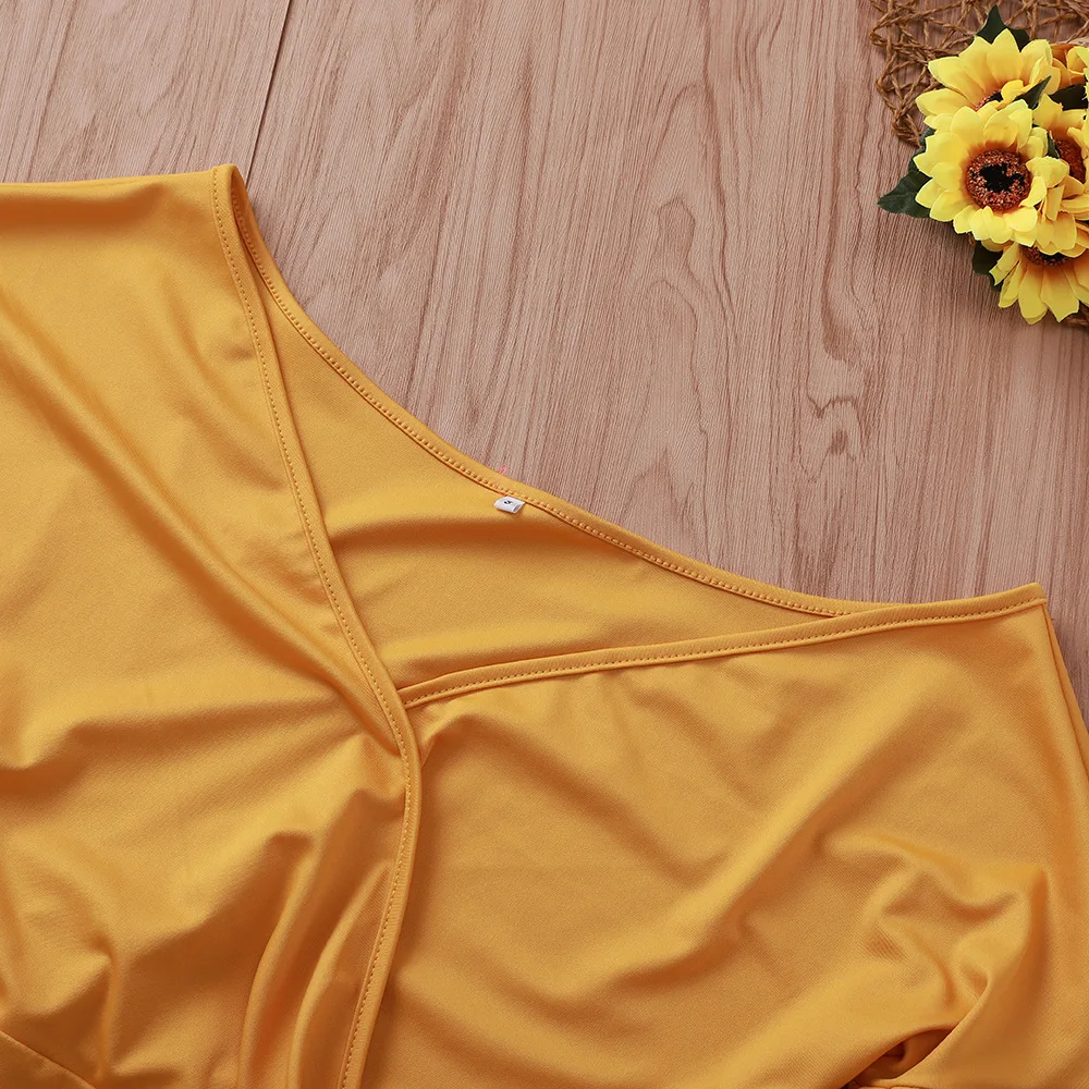 Сексуальное элегантное желтое облегающее платье с низким вырезом и открытыми плечами, женские вечерние платья на шнуровке с расклешенными рукавами, сексуальное платье