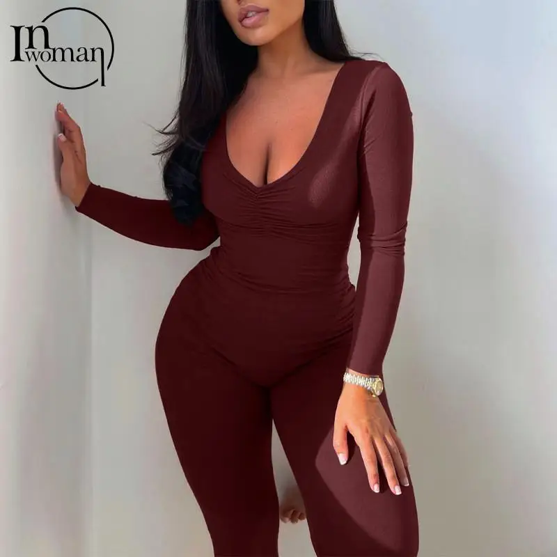 

Inwoman Summer Sexy Solid Bodycon Jumpsuit Club Outfit For Women 2023 Black Long Sleeve V Neck Party One Pieces Women Clothing