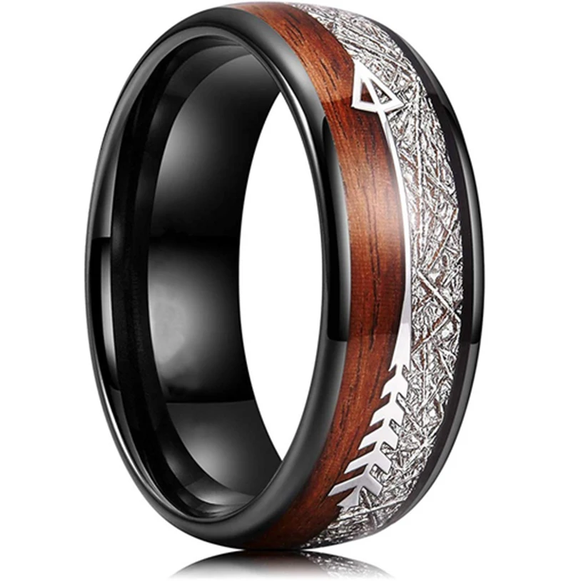 Wedding Rings 8mm Men Tungsten Inlay Hawaiian Koa Wood And Meteorites Matte Brushed Finish