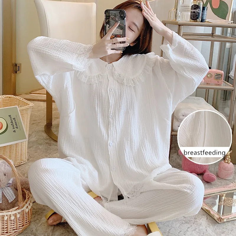 Confinement Double-Layer Wrinkle Gauze Pregnant Women's Pajamas Postpartum Nursing Clothes Spring And Autumn Home Service Suit | Мать и