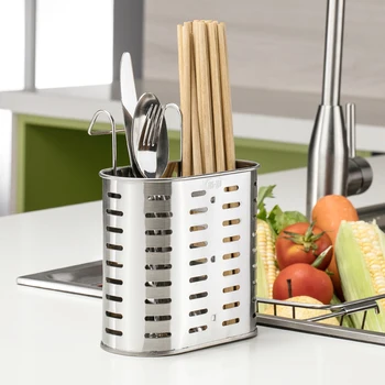 

Hot Kitchen Storage Basket Utensils Drying out Rack Chopsticks Holder Tableware Storage Organizer Stand with Hooks 2 Divided