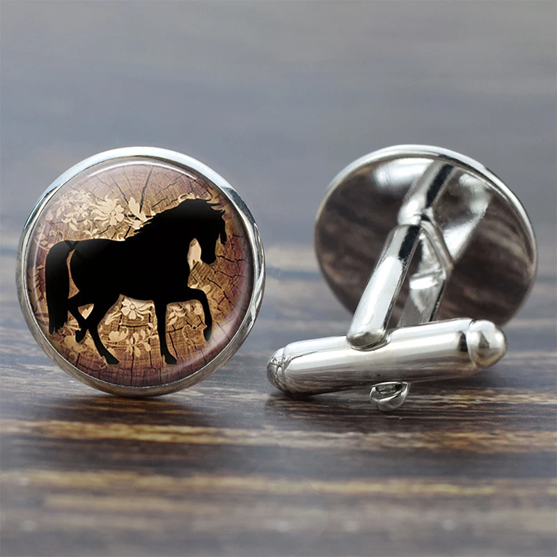 Horse Cufflinks Silver Suit Shirt Best Man Cufflinks Set Glass Cabochon Jewelry Fashion Men Cuff Links gifts