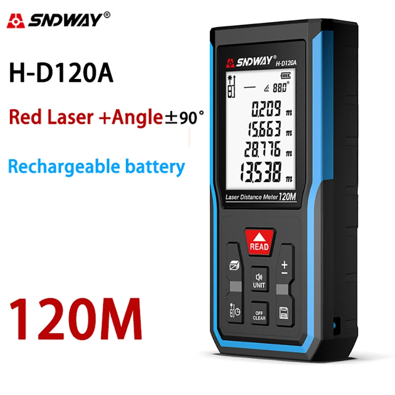 Sndway Rechargeable Laser Rangefinder Electronic Roulette Laser Measure 50M 70M 100M 120M Range Finder Digital Meter Lazer Tape