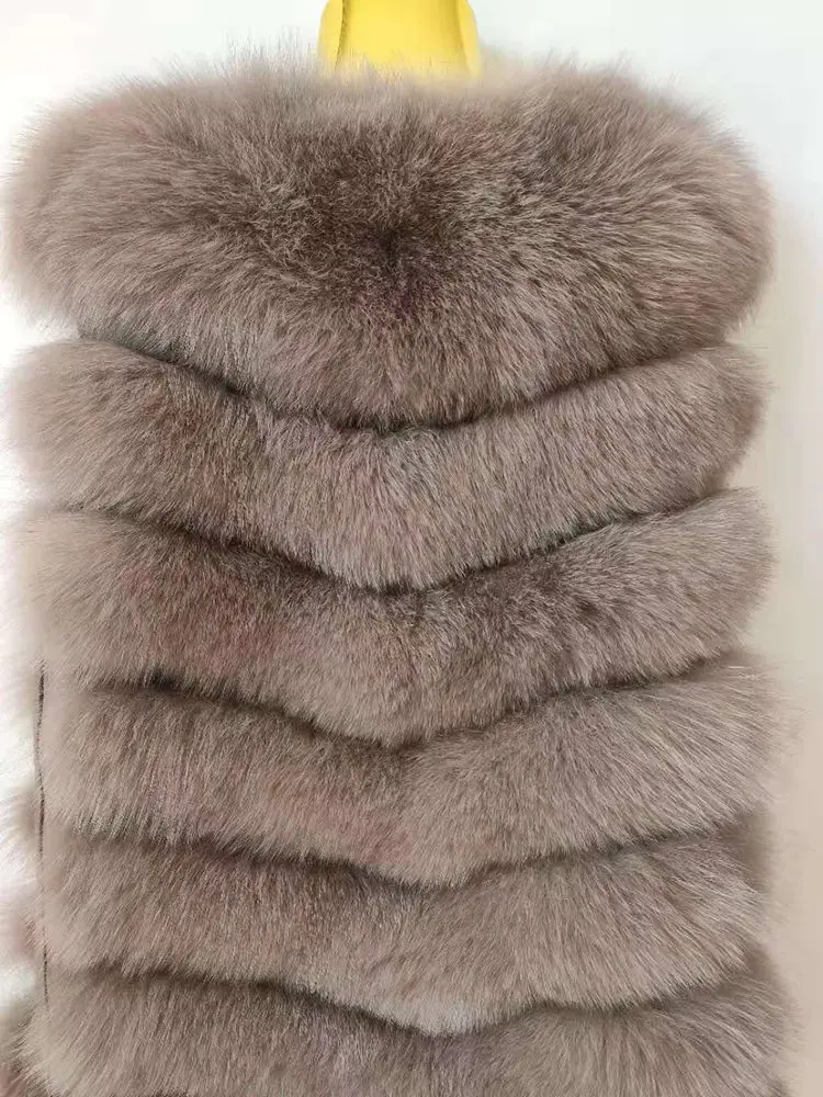 New Fashion Fox Fur Vest Zipper Real Fur Jacket Female Winter Warm Fur Coat High Quality Leather Vest Fur Fox - Цвет: Dark khaki