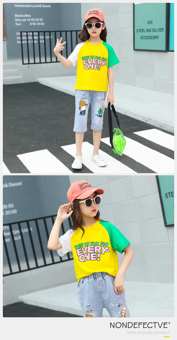 Girls Matching Two 2 Piece Outfits Clothing Denim Jean Shorts Color Block Matching T-Shirt And Jeans Clothing Set