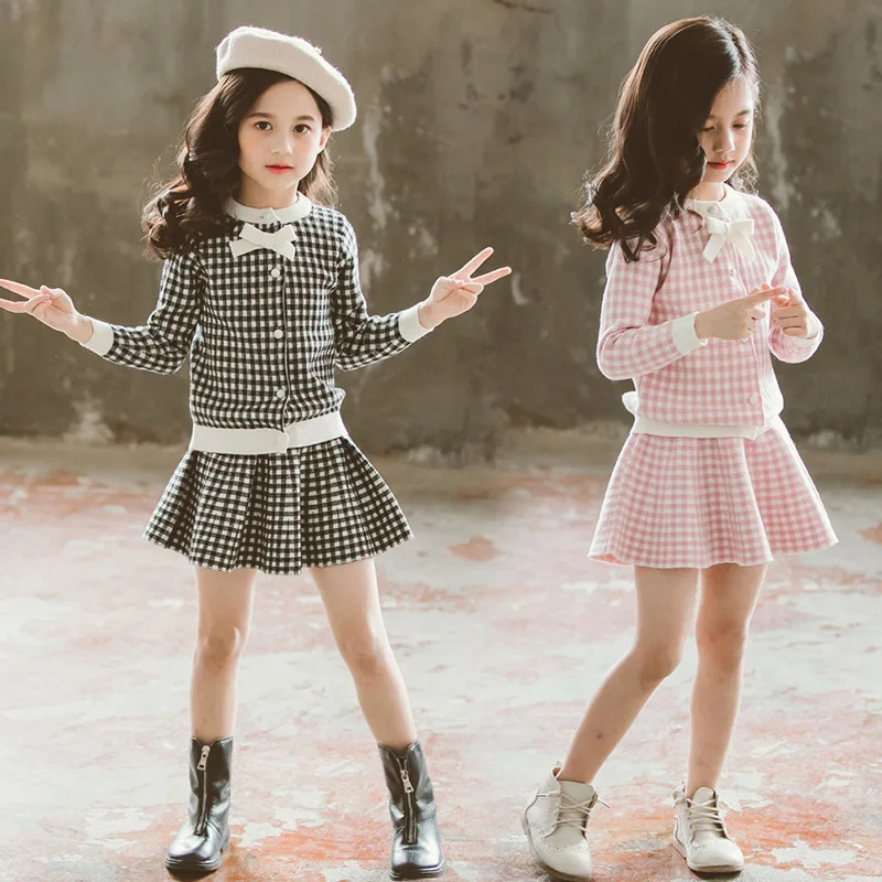 

2019 Spring And Autumn Childrenswear New Style Girls Korean-style Thousands of Birds Cardigan + Skirt Two-Piece Set Middle And L